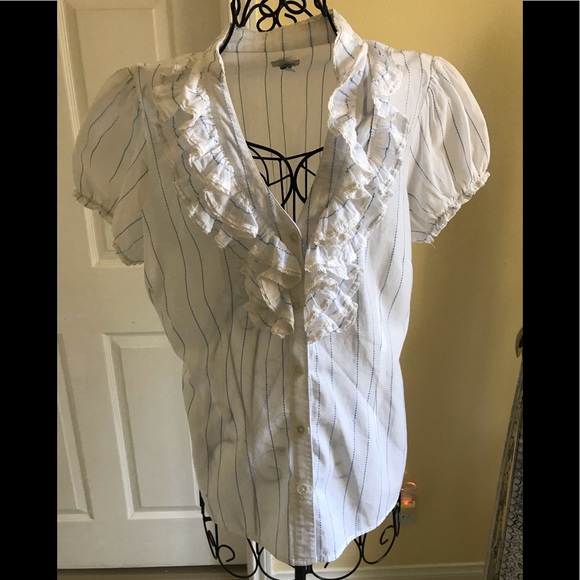 Anthropologie Tops - Anthropologie Odille White Button Down Blouse w/ruffles Short Sleeve Blue Stripe